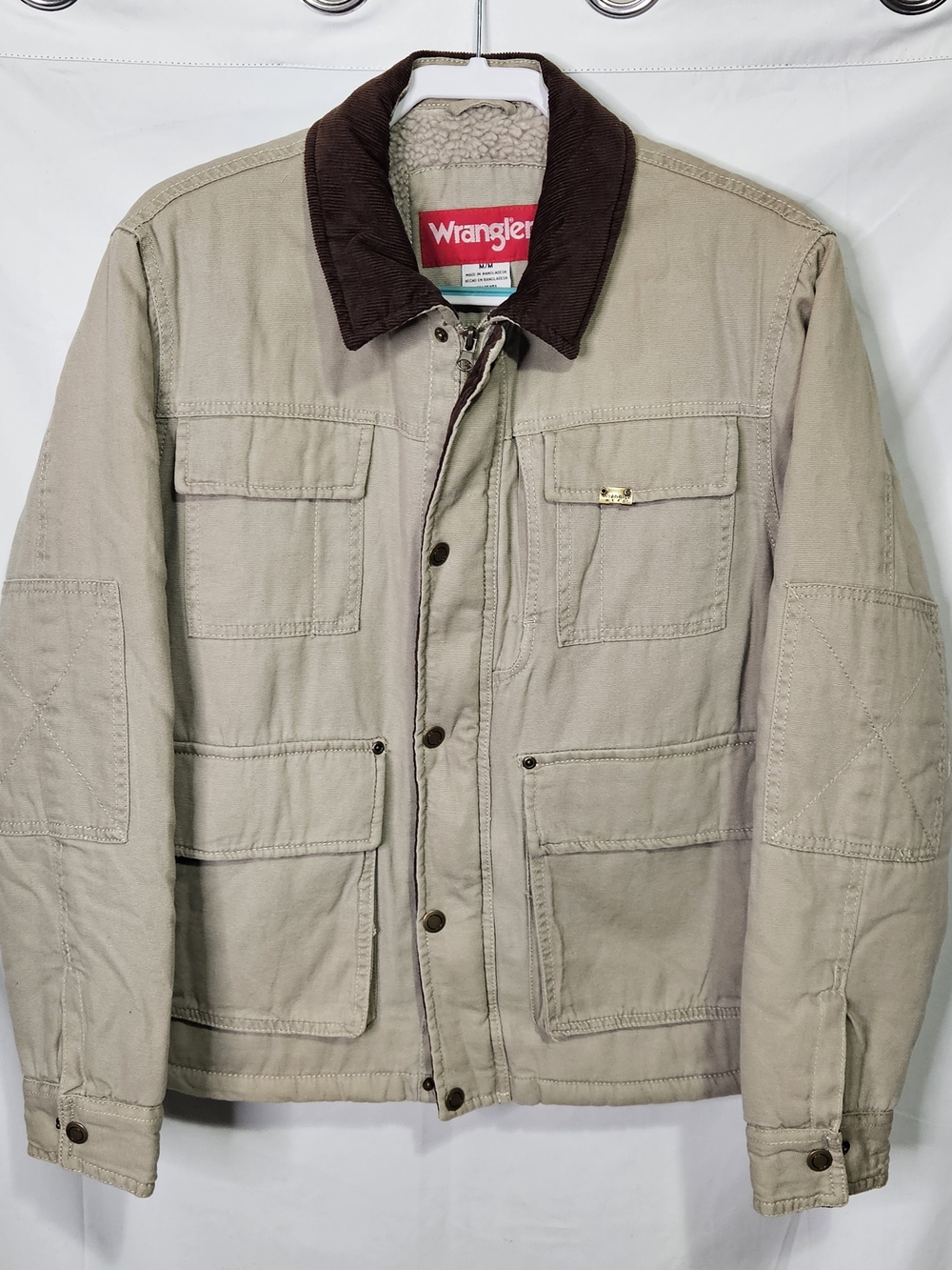 Vintage Wrangler Hero Sherpa Lined Canvas Barn Jacket Corduroy Collar Khaki Y2K